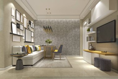 3 boyutlu modern yemek odası ve oturma odasını lüks dekorlarla donatmak.