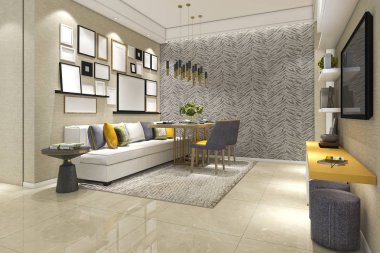 3 boyutlu modern yemek odası ve oturma odasını lüks dekorlarla donatmak.