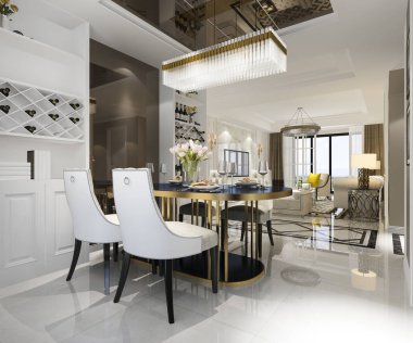 3 boyutlu modern yemek odası ve oturma odasını lüks dekorlarla donatmak.