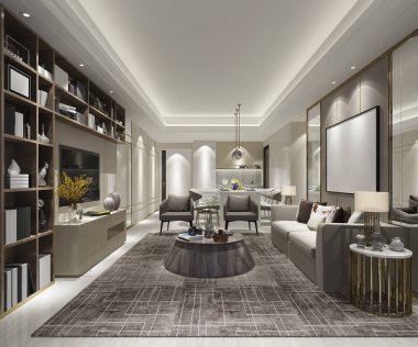 3 boyutlu modern yemek odası ve oturma odasını lüks dekorlarla donatmak.
