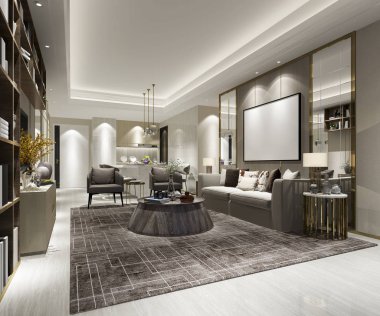 3 boyutlu modern yemek odası ve oturma odasını lüks dekorlarla donatmak.