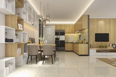 3D render beyaz en az mutfak lüks dekorasyon ile
