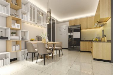 3D render beyaz en az mutfak lüks dekorasyon ile