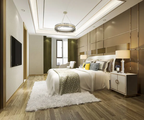 Rendering Schöne Gelbe Luxus Schlafzimmer Suite Hotel Mit Fernseher — Stockfoto