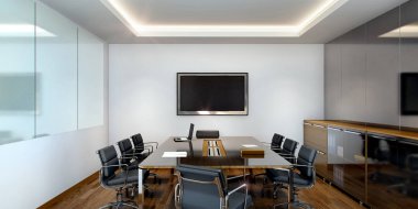 Yüksek katlı ofis binasında 3D iş görüşmesi odası