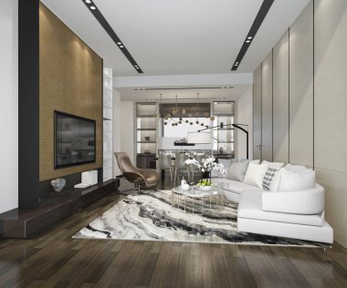 3D render beyaz en az mutfak lüks dekorasyon ile