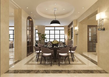 3 boyutlu modern yemek odası ve oturma odasını lüks dekorlarla donatmak.