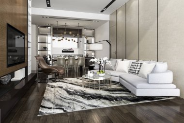 3D render beyaz en az mutfak lüks dekorasyon ile
