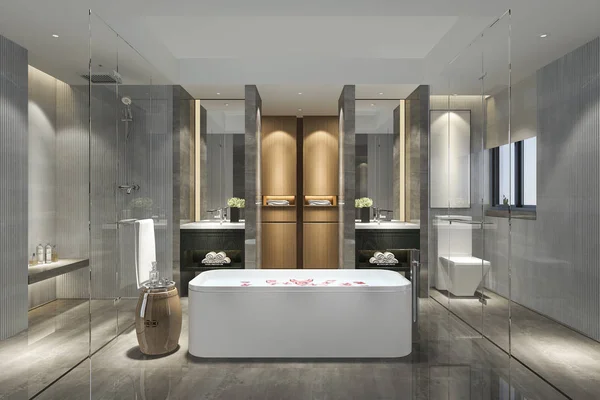 3d rendering modern bathroom with luxury tile decor
