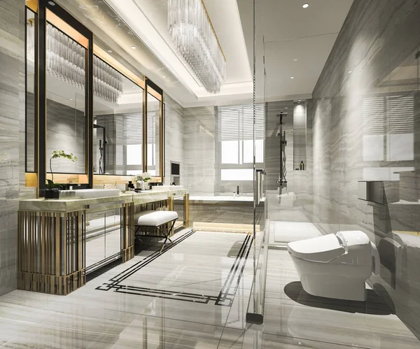 Renderização Moderna Casa Banho Com Decoração Azulejos Luxo — Fotografia de Stock