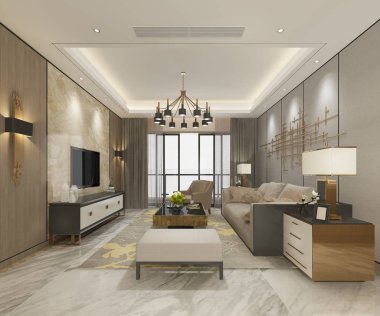 3 boyutlu modern yemek odası ve oturma odasını lüks dekorlarla donatmak.