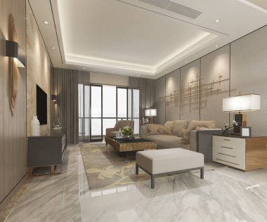 3 boyutlu modern yemek odası ve oturma odasını lüks dekorlarla donatmak.