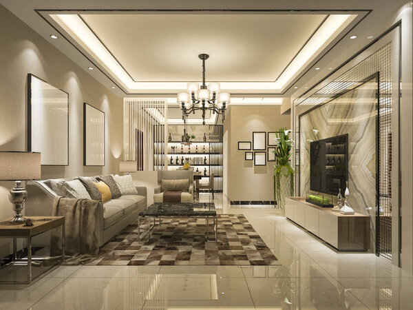 3D рендеринг современной столовой и гостиной с роскошным декором