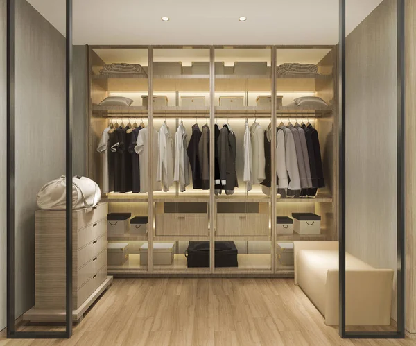 Renderizado Lujo Escandinavo Madera Walk Closet Con Armario — Foto de Stock