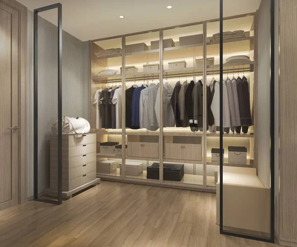 Renderizado Lujo Escandinavo Madera Walk Closet Con Armario — Foto de Stock