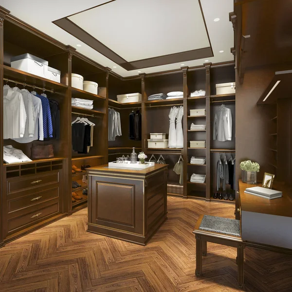 Rendering Luxury Scandinavian Wood Walk Closet Wardrobe — Stock Photo, Image