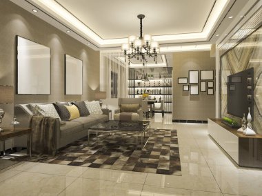 3 boyutlu modern yemek odası ve oturma odasını lüks dekorlarla donatmak.