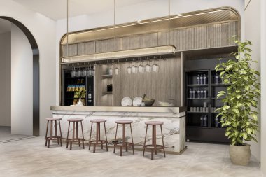 3D render beyaz en az mutfak lüks dekorasyon ile