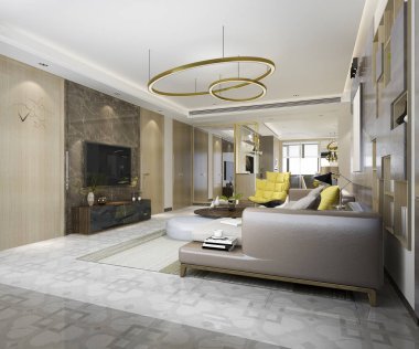 3D rendering ahşap Klasik oturma odası ve yemek odası kitaplık ile
