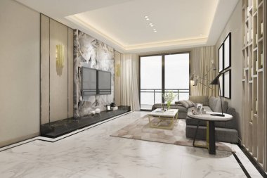 3D render lüks klasik oturma odası kitaplık ve mermer karo ile