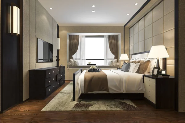 テレビがホテルの美しく贅沢なベッドルーム スイートをレンダリング — ストック写真