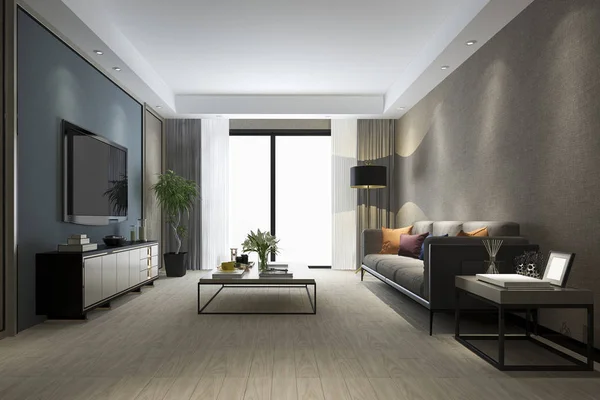 Rendering Soggiorno Lusso Con Pavimento Legno Armadio — Foto Stock