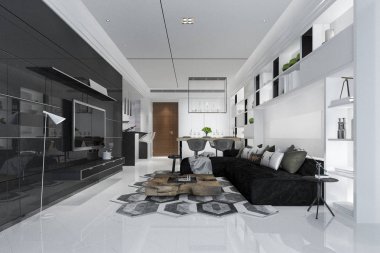 3 boyutlu modern yemek odası ve oturma odasını lüks dekorlarla donatmak.