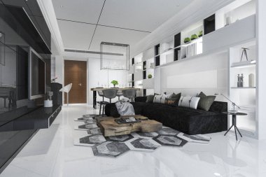 3 boyutlu modern yemek odası ve oturma odasını lüks dekorlarla donatmak.