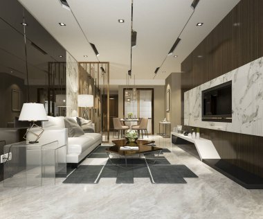 3 boyutlu modern yemek odası ve oturma odasını lüks dekorlarla donatmak.