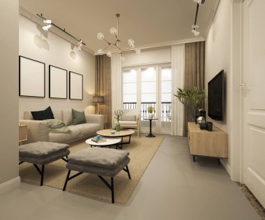 3D render lüks ve modern oturma odası ile kumaş koltuk
