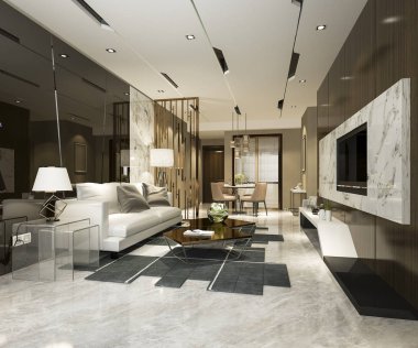 3 boyutlu modern yemek odası ve oturma odasını lüks dekorlarla donatmak.