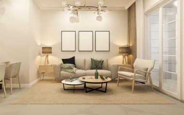 3 boyutlu modern yemek odası ve oturma odasını lüks dekorlarla donatmak.