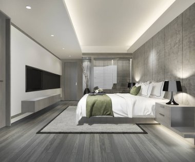 3D render lüks suite otel yatak odası cam banyo kör ile yakın