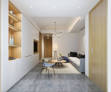 Kitaplık ile 3D render loft lüks oturma odası