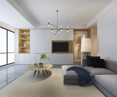 Kitaplık ile 3D render loft lüks oturma odası