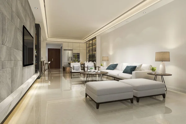 Rendering White Minimal Living Room Kitchen Luxury Decoration — Stock Photo, Image