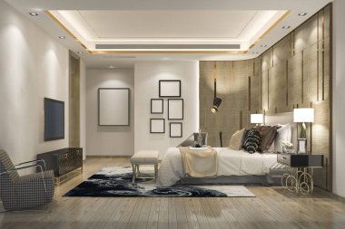 3d rendering beautiful luxury bedroom suite in hotel with tv clipart