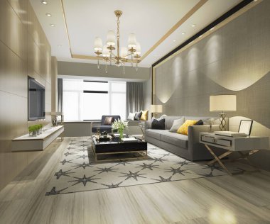 3D rendering ahşap klasik oturma odası ve yemek odası raf ile