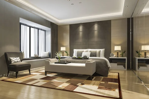 Rendering Schöne Luxus Schlafzimmer Suite Hotel Mit Spiegel Kleiderschrank — Stockfoto