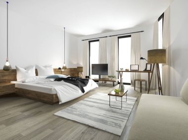 3D render ahşap en az stil yatak odası penceresinden Manzaralı