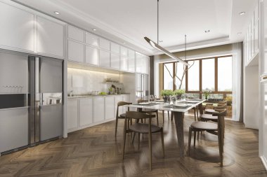 3D render İskandinav vintage mutfak yemek masası ile