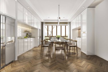 3D render İskandinav vintage mutfak yemek masası ile