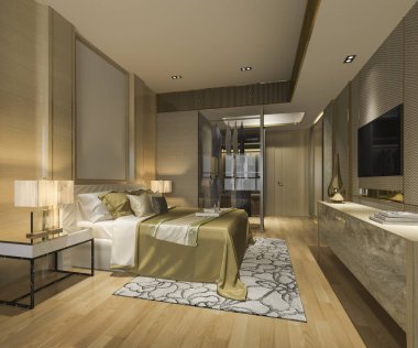 3D render lüks modern yatak odalı Süit otel ile dolap dolap yürümek