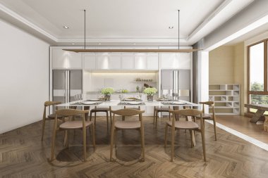 3D render İskandinav vintage mutfak yemek masası ile