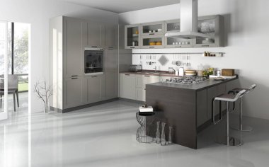 3D render İskandinav vintage mutfak yemek masası ile