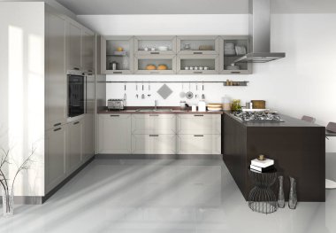 3D render İskandinav vintage mutfak yemek masası ile