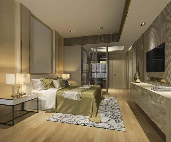 Rendering Luxe Moderne Slaapkamer Suite Hotel Met Garderobe Inloopkast — Stockfoto