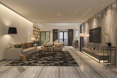 3 boyutlu modern yemek odası ve oturma odasını lüks dekorlarla donatmak.