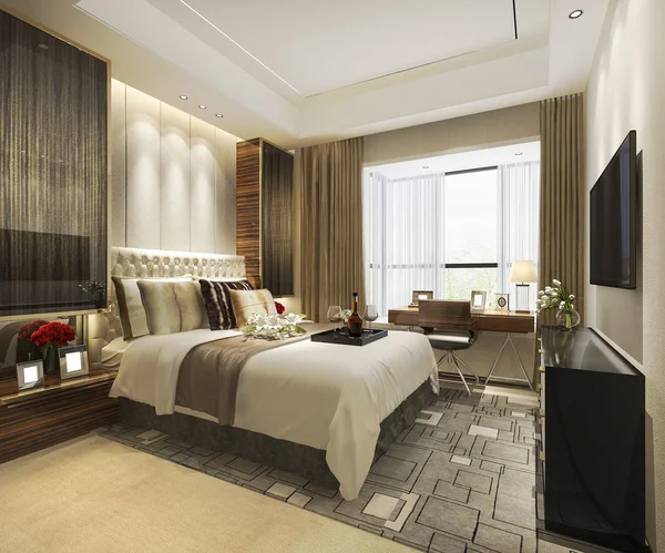 Rendering Mooie Luxe Slaapkamer Suite Hotel Met Werktafel — Stockfoto