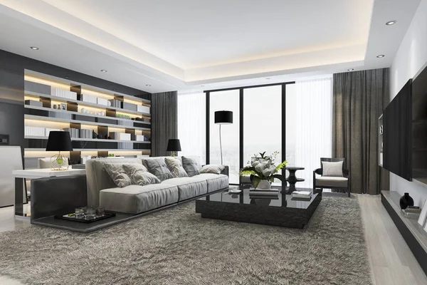 3d rendering loft luxury living room and working room with bookshelf
